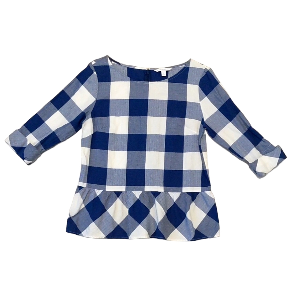Southern Tide Cotton Peplum White Blue Gingham Blouse Size 8